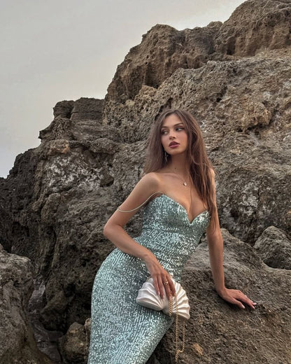 Dreamy Mint Green Mermaid Spaghetti Strap Sequin Long Prom Dress Evening Dress cc5419
