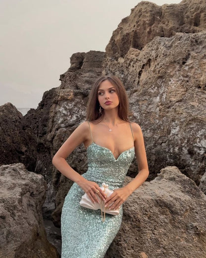 Dreamy Mint Green Mermaid Spaghetti Strap Sequin Long Prom Dress Evening Dress cc5419