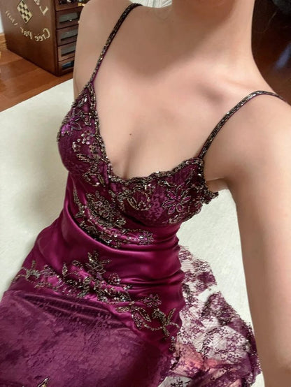 Vintage Plum Spaghetti Strap V-Neck Beaded Lace Satin Prom Dress Evening Dress cc5420