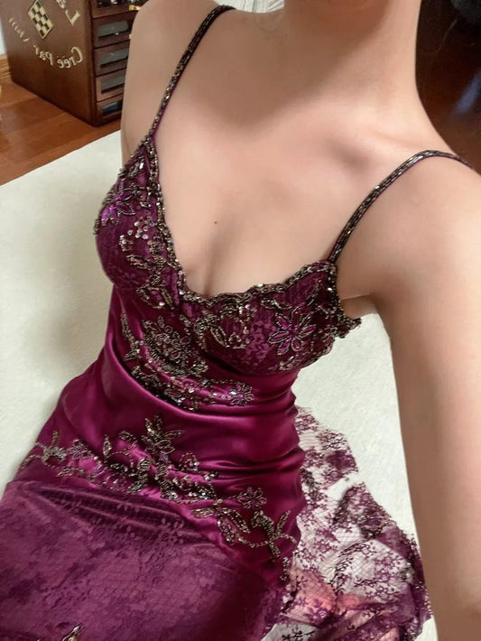 Vintage Plum Spaghetti Strap V-Neck Beaded Lace Satin Prom Dress Evening Dress cc5420