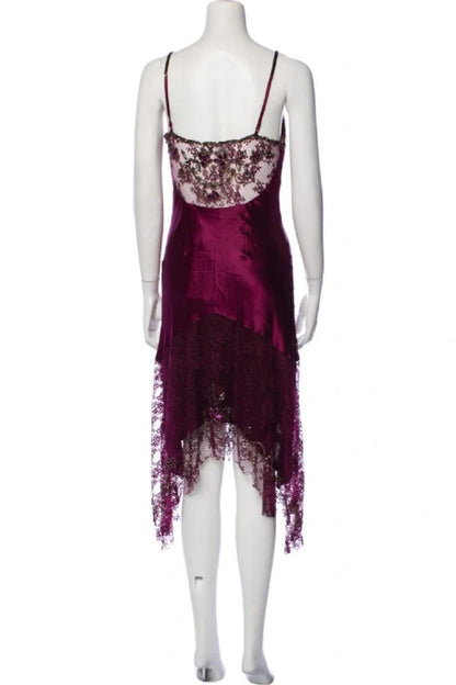 Vintage Plum Spaghetti Strap V-Neck Beaded Lace Satin Prom Dress Evening Dress cc5420
