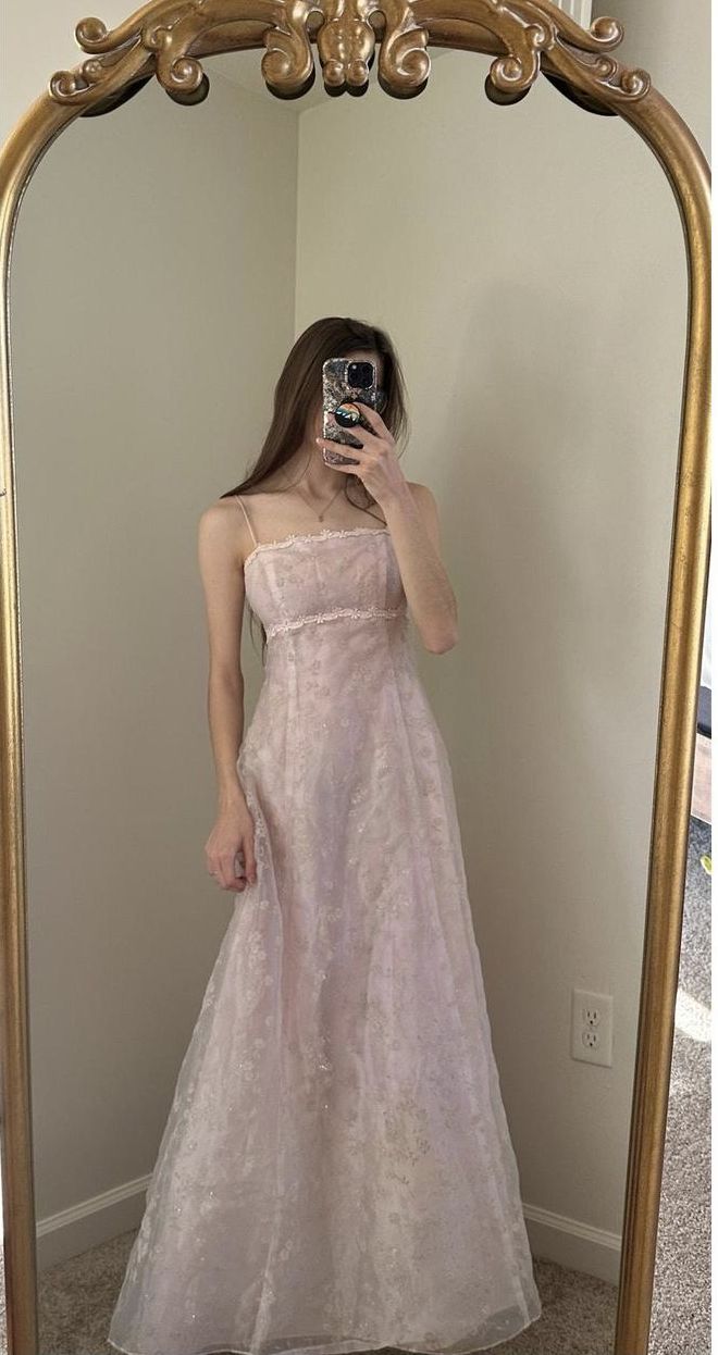 Sweet Light Pink A-line Spaghetti-strap Jacquard Tulle Long Prom Dress Evening Dress cc5422
