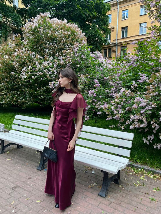 Vintage Burgundy Square Neck Ruffle Short Sleeve Satin Long Prom Dress Evening Dress cc5423
