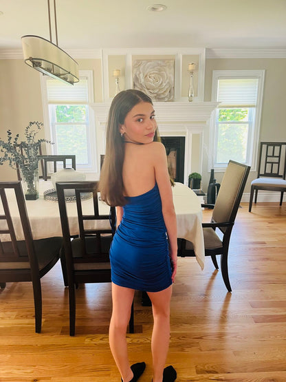 Simple Blue Halterneck Slim-fit Hip-wrapped Pleated Stretch 17th Birthday Homecoming Dress cc4623