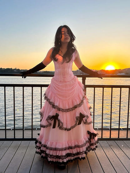 Princess Pink Spaghetti Strap Boned Bow Lace Tulle Long Prom Dress Evening Dress cc5424