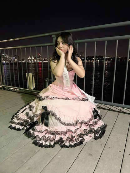 Princess Pink Spaghetti Strap Boned Bow Lace Tulle Long Prom Dress Evening Dress cc5424