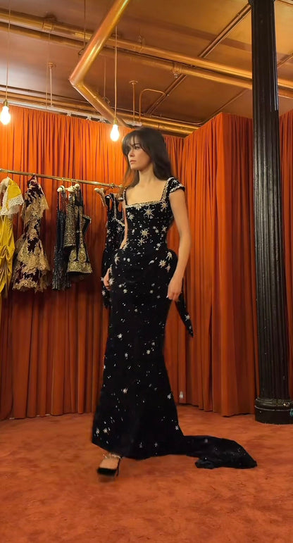 Elegant Black Mermaid Square Neck Spaghetti Strap Star Velvet Train Prom Dress Evening Dress cc5425