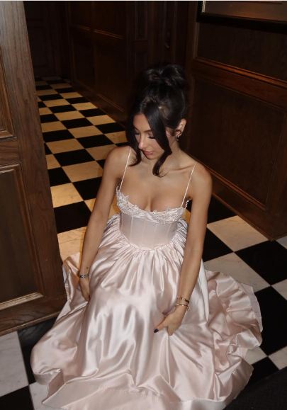 Elegant Ivory A-line Spaghetti Strap Satin Long Prom Dress Evening Dress cc5426