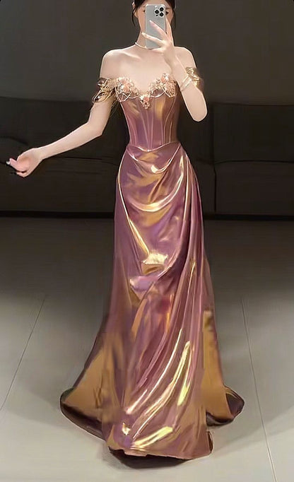 Dreamy Purple Gold Off-the-Shoulder Mermaid 3D Floral Satin Long Prom Dress Evening Dress cc5430