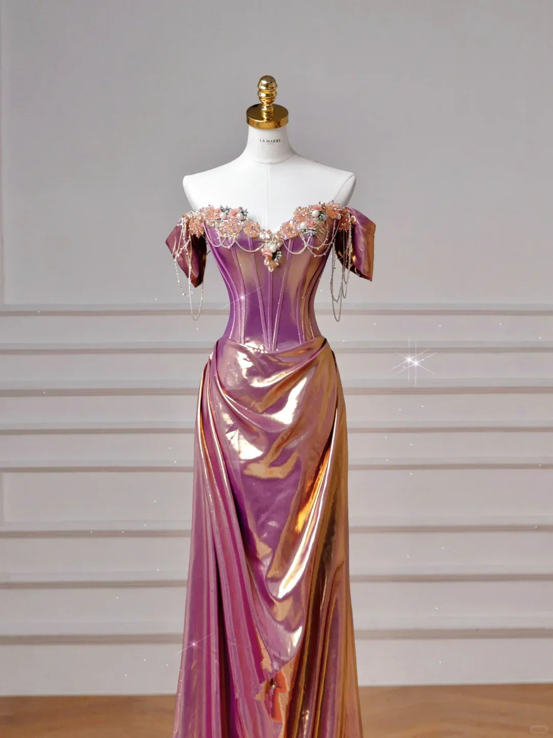 Dreamy Purple Gold Off-the-Shoulder Mermaid 3D Floral Satin Long Prom Dress Evening Dress cc5430