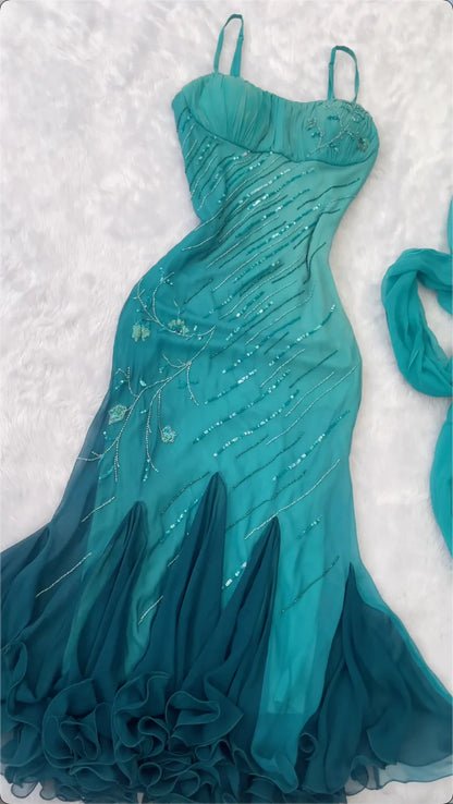 Elegant Teal Spaghetti Strap Sequin Beaded Chiffon Long Prom Dress Evening Dress cc5432