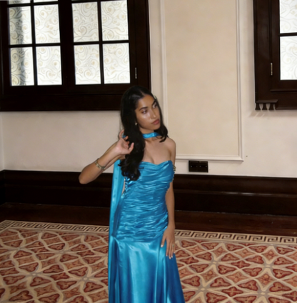 Gorgeous Lake Blue Strapless Sash Satin Long Prom Dress Evening Dress cc5436