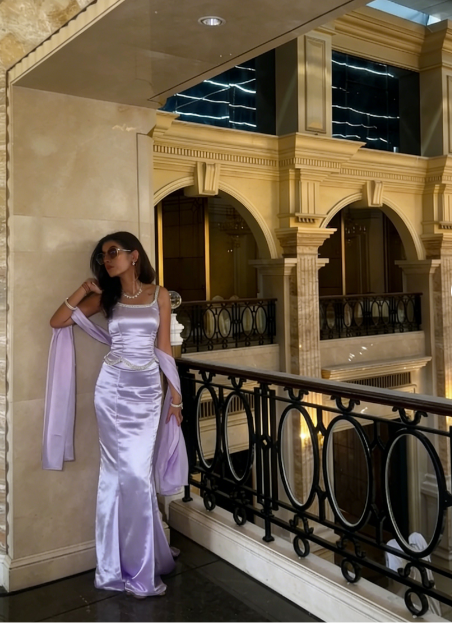 Vintage Purple Mermaid Square Neck Spaghetti Strap Satin Long Prom Dress Evening Dress cc5437
