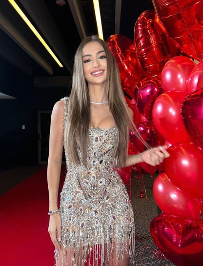 Sparkling Silver Square Neck Rhinestone Tassel Bodycon Birthday Dress Homecoming Dress cc4064