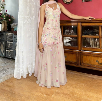 Vintage Pink Halter V-Neck Mermaid Sequin Tulle Long Prom Dress Evening Dress cc5440