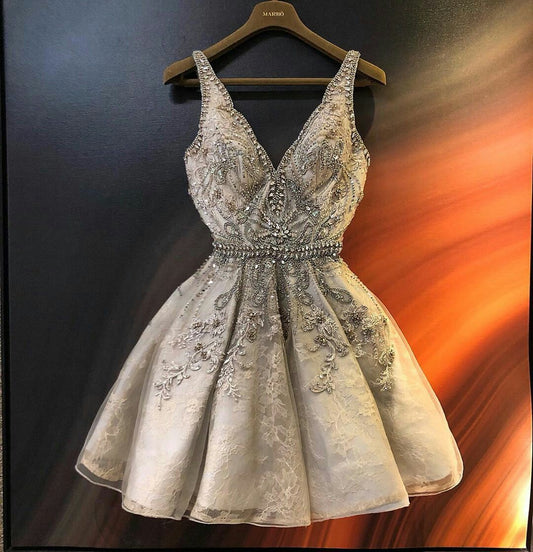 Gorgeous And Elegant Silver-gray V-neck Rhinestone Lace Embroidery A-line Birthday Party Homecoming Dress cc4643