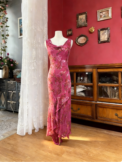 Vintage Fuchsia Cowl Neck Mermaid Printed Chiffon Long Prom Dress Evening Dress cc5444