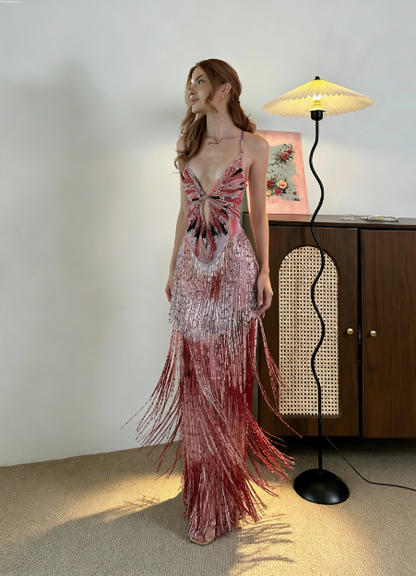 Vintage Mermaid Spaghetti Strap V-Neck Fringe Sequin Long Prom Dress Evening Dress cc5447