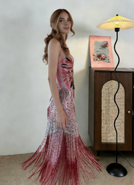 Vintage Mermaid Spaghetti Strap V-Neck Fringe Sequin Long Prom Dress Evening Dress cc5447