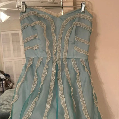 Sweet Retro Light Blue Tube Top White Lace Pattern Waist A-line Birthday Party Homecoming Dress cc4648