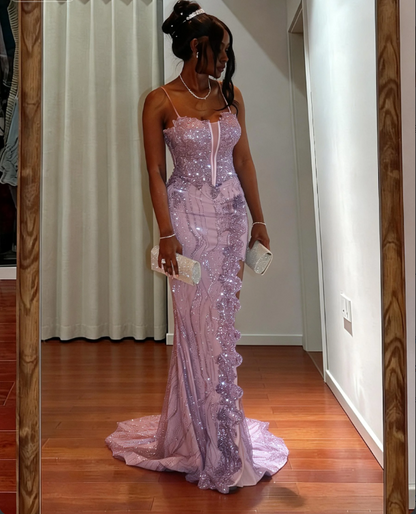 Elegant Purple Spaghetti Strap Mermaid Split Sequin Tulle Train Prom Dress Evening Dress cc5450