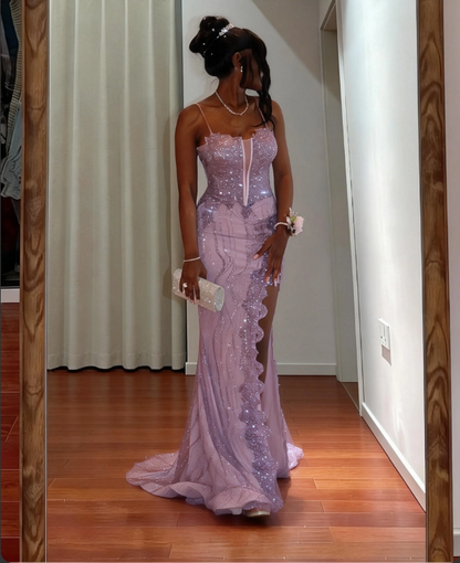 Elegant Purple Spaghetti Strap Mermaid Split Sequin Tulle Train Prom Dress Evening Dress cc5450