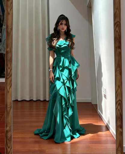 Elegant Emerald Green Split Square Neck Ruffle Chiffon Long Prom Dress Evening Dress cc5452