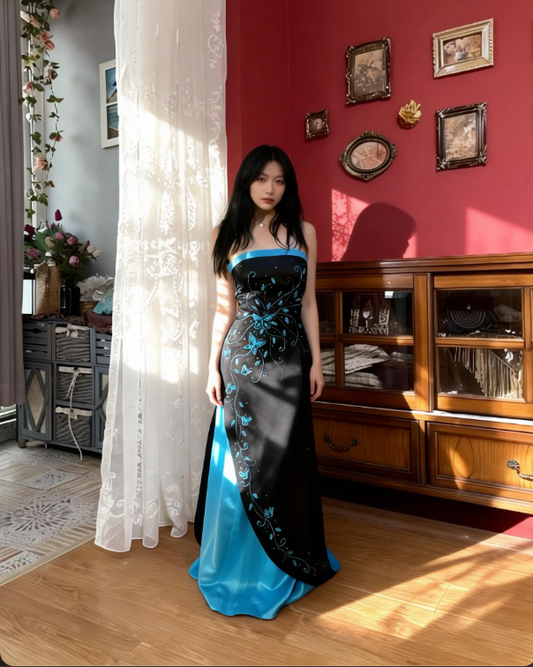 Vintage Black & Blue Color-Block Strapless A-Line Butterfly Embroidered Satin Long Prom Dress Evening Dress cc5453