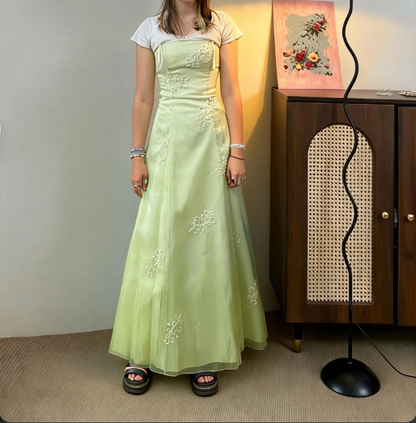 Fresh Light Green Strapless Embroidered Tulle A-Line Long Prom Dress Evening Dress cc5455