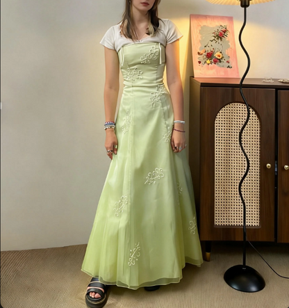 Fresh Light Green Strapless Embroidered Tulle A-Line Long Prom Dress Evening Dress cc5455