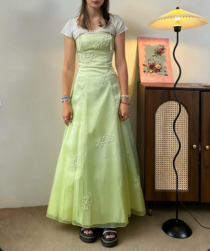 Fresh Light Green Strapless Embroidered Tulle A-Line Long Prom Dress Evening Dress cc5455