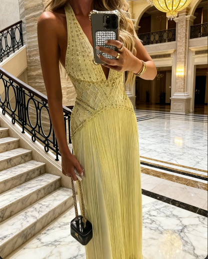 Gorgeous Yellow Halter V-Neck Beaded Fringe Long Prom Dress Evening Dress cc5456