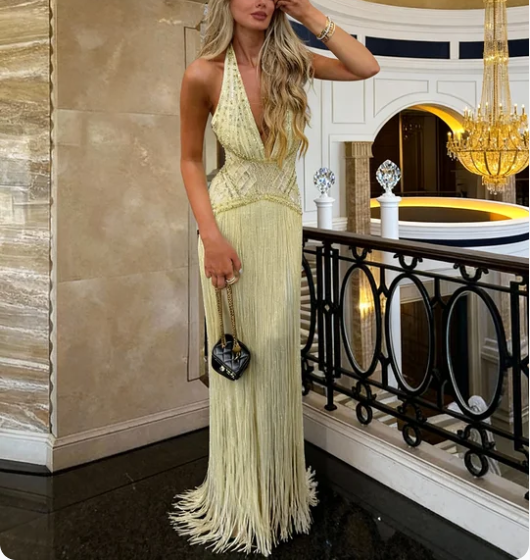 Gorgeous Yellow Halter V-Neck Beaded Fringe Long Prom Dress Evening Dress cc5456