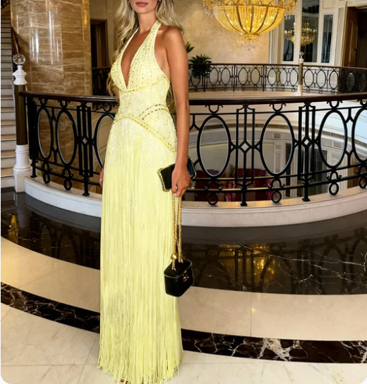 Gorgeous Yellow Halter V-Neck Beaded Fringe Long Prom Dress Evening Dress cc5456