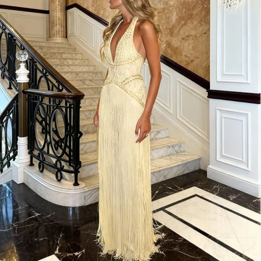 Gorgeous Yellow Halter V-Neck Beaded Fringe Long Prom Dress Evening Dress cc5456