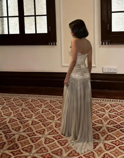 Gorgeous Silver-Gray Sweetheart Neck Split Beaded Tulle Long Prom Dress Evening Dress cc5457