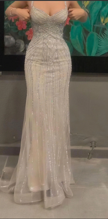 Gorgeous Silver-White Mermaid Spaghetti Strap V-Neck Beaded Tulle Long Prom Dress Evening Dress cc5459