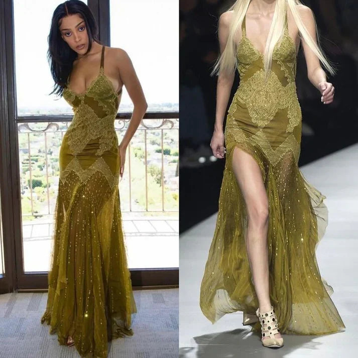 Vintage Beaded Applique High Slit Mermaid Long Prom Dress Party Dress Evening Dress HZ1024