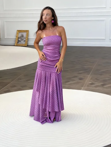 Elegant Purple A-Line Strapless Polka Dot Satin Long Prom Dress Evening Dress cc5463