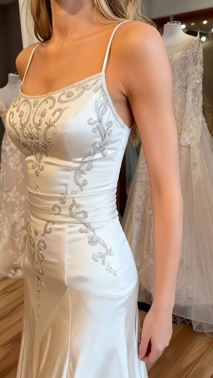 Vintage White Spaghetti Strap Square Neck Pearl-Embellished Satin Train Prom Dress Evening Dress cc5465