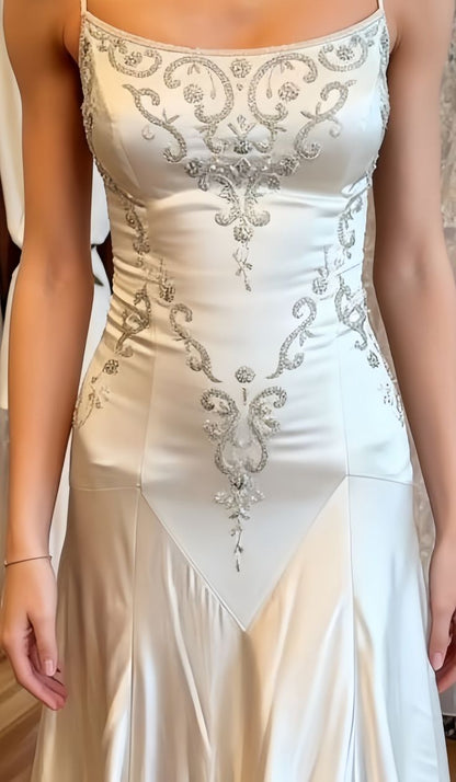 Vintage White Spaghetti Strap Square Neck Pearl-Embellished Satin Train Prom Dress Evening Dress cc5465