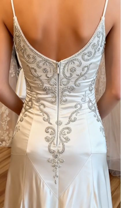 Vintage White Spaghetti Strap Square Neck Pearl-Embellished Satin Train Prom Dress Evening Dress cc5465