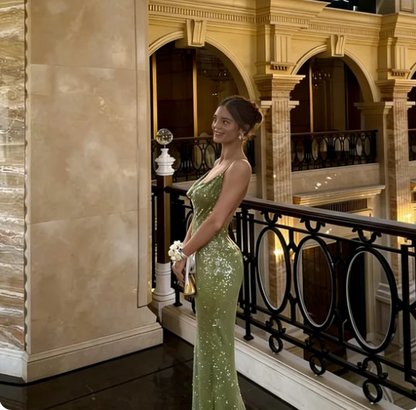Elegant Avocado Green Spaghetti Strap Backless Mermaid Sequin Long Prom Dress Evening Dress cc5466