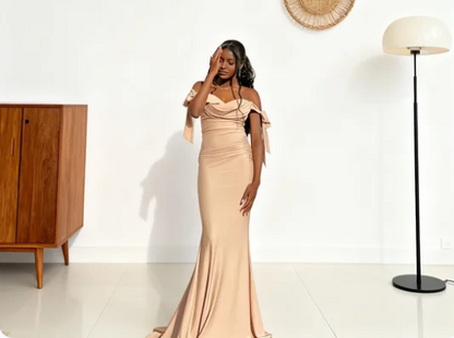 Elegant Blush Off-the-Shoulder Mermaid Satin Train Prom Dress Evening Dress cc5477