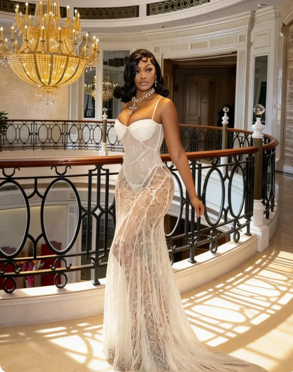 Sexy White Spaghetti Strap Mermaid Lace Tulle Train Prom Dress Evening Dress cc5481