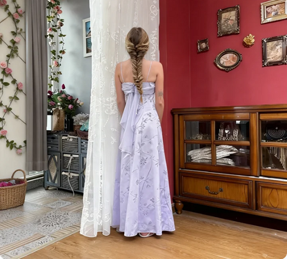 Elegant Lavender A-Line Spaghetti Strap Floral Satin Long Prom Dress Evening Dress cc5486