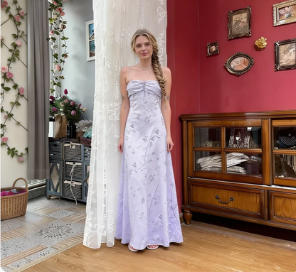 Elegant Lavender A-Line Spaghetti Strap Floral Satin Long Prom Dress Evening Dress cc5486