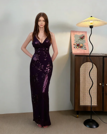 Vintage Deep Purple Spaghetti Strap V-Neck Mermaid High Slit Sequin Long Prom Dress Evening Dress cc5490