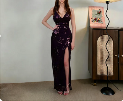 Vintage Deep Purple Spaghetti Strap V-Neck Mermaid High Slit Sequin Long Prom Dress Evening Dress cc5490