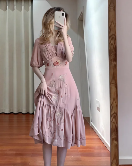 Sweet Pink V-Neck Waist Floral Embroidered Chiffon Midi Prom Dress Evening Dress cc5495